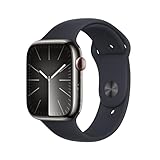 Apple Watch Series 9 (GPS + Cellular, 45 mm) Smartwatch mit Edelstahlgehäuse in Graphit und Sportarmband M/L in Mitternacht. Fitnesstracker, Blutsauerstoff und EKG Apps, Always-On Retina Display