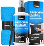 PRINOX Bildschirmreiniger Set 250ml mit Mikrofasertuch und Pinsel - Display Reiniger für Handy, Laptop und TV Displays (LCD, LED, OLED, QLED, TFT) gegen Fettflecken und Fingerabdrücke