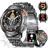 ESFOE Smartwatch Herren mit 530mAh Akku, 1.43'' Militär Smartwatch mit LED Taschenlampe, Telefonfunktion, 3ATM Wasserdicht Robuste Outdoor Uhren mit 24H Gesundheits-Screening für Android iOS, 3 Gurte